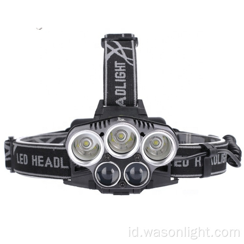 Pabrik Grosir Berkualitas Tinggi 5LED Paling Kuat yang Dapat Disesuaikan Lampu Kuat LED LED Headlamp Obor dengan lampu pengaman ekor